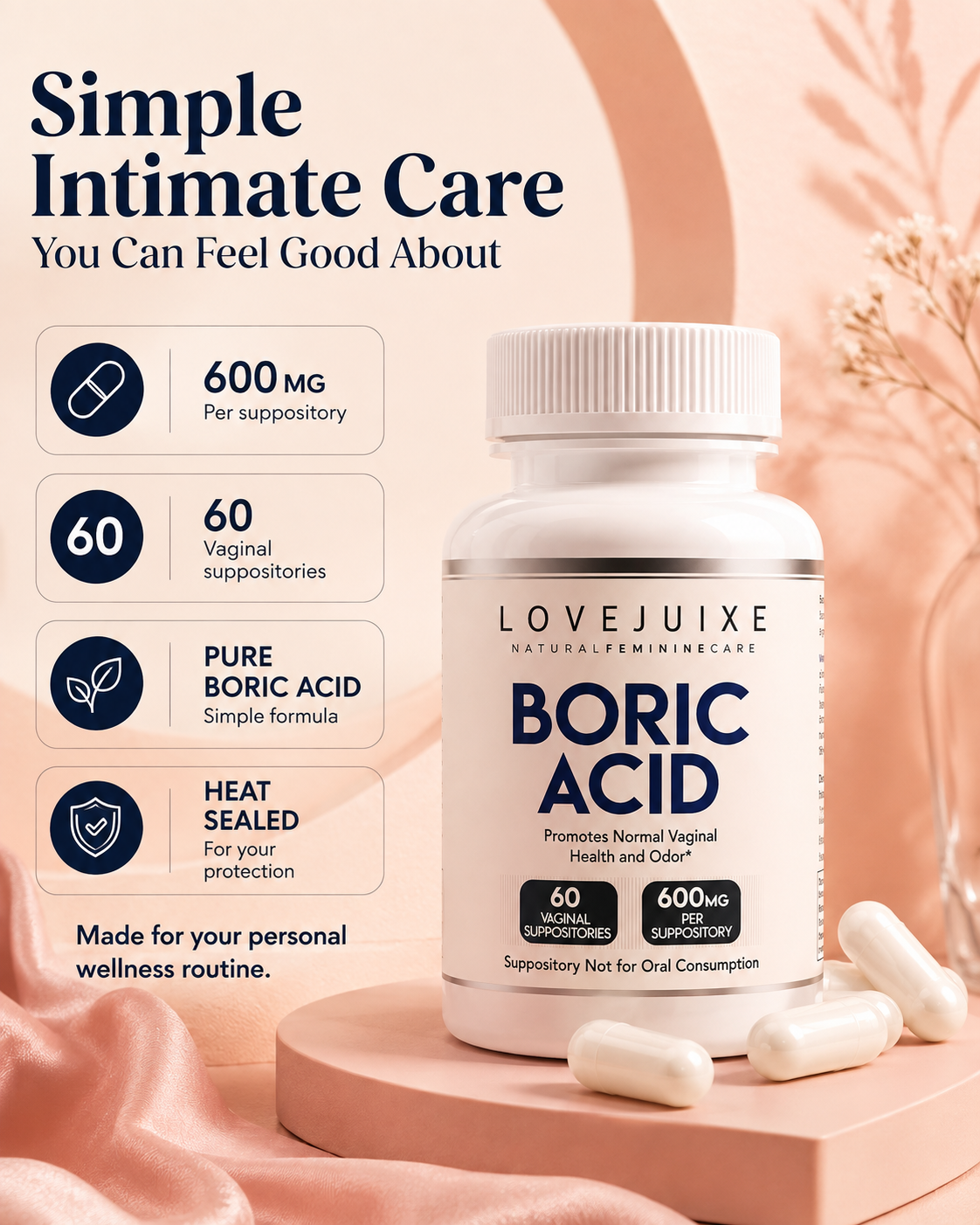 Boric Acid Vaginal Suppositories for pH Balance and Odor Control